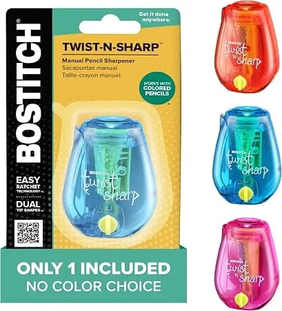 Bostitch Office Pencil Sharpener, Manual, One Assorted Color, Twist-N-Sharp, Kids, Boys, Girls, Colored Pencils, 1 Pack - 1 Assorted Color, Adjustable For Fine Point Or Blunt Tip. Easy To Use, Twist Instead Of Crank. Works On Any Standard Pencil.