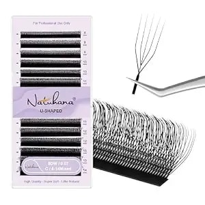 5d U Shape Lash Extensions Easy Fan Russian Volume U Eyelash C/D/L/Lu Curl 0.07mm Natural U Shaped 12 Rows Premade Eye Lashes Supply(Black,0.07c,8-14mm)