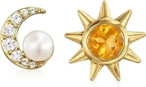 Ross-Simons 4mm Cultured Pearl And .60 Ct. T.W. Multi-Gemstone Sun And Moon Mismatched Earrings In 18kt Gold Over Sterling