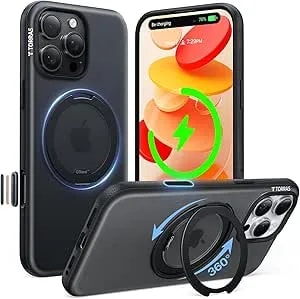 Torras For Iphone 16 Pro Case 360 Magnetic Stand o3 Fitness Series, [Fit For Magsafe] [360° Rotating Kickstand] 4x Mil-Grade Shockproof, Camera Control Button, Slim, Translucent Obsidian Black
