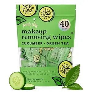 Pink Sky Makeup Remover Wipe For Face - Ultra Soft, Mini Makeup Wipes Individually Wrapped, Travel Makeup Wipe, Gently Cleanse & Remove, 40 Count (40 Wipes, Cucumber & Green Tea)