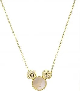 Disney Mickey Mouse Gold Cz & Mother Of Pearl Pendant Necklace For Women, 14kt Gold Flash Plated, Dainty Jewelry Gift For Her