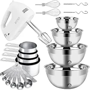 Wepsen Hand Mixer Electric Mixing Bowls Set, 5 Speeds Handheld Mixer With 4 Nesting Stainless Steel Mixing Bowl, Measuring Cups Spoons 200w Kitchen Blender Whisk Beater Baking Supplies For Beginner