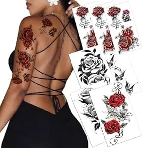 7pcs Red Temporary Rose Flower Arm & Leg Tattoo Stickers, Sexy Stripper Chest & Thigh Design, Waterproof, Perfect For Women (Rose-Black)