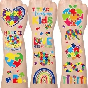 8 Sheets 200+ World Autism Awareness Temporary Ribbon Tattoos Stickers Support Inspirational Autistic Party Decorations Favors Autism Awareness Month Tattoo Stickers Gifts Rewards Supplies