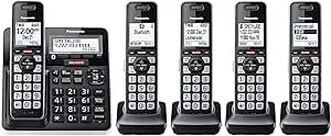 Panasonic Cordless Phone With Advanced Call Block, link2cell Bluetooth, One-Ring Scam Alert, And 2-Way Recording, Answering Machine, 5 Handsets - Kx-tgf975b (Black/Silver Trim)