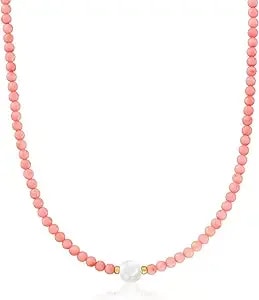 Ross-Simons 8.5-9mm Cultured Pearl And 4mm Coral Bead Necklace With 18kt Gold Over Sterling