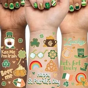 St. Patrick'S Day Temporary Tattoos, Glitter Shamrock & Irish 52 Designs, Gold & Silver Foil, Designed Foil Printing For Shiny 2 Sheets, For Arm, Collarbone, Face & Behind Ear, Waterproof