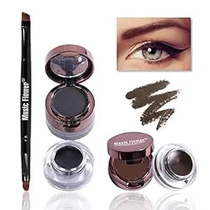 Music Flower Gel Eyeliner Eyebrow Powder, Black And Brown Waterproof Smudgeproof Long Lasting Makeup Eyeliner Gel With Brush Mirror, 0.49 Ounce, Pack Of 2