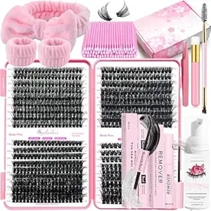 Dnsgoor Diy Lash Extension Kit 684pcs D Curl 10-18mm Lashes Clusters With Lash Shampoo Lash Bond And Seal Glue Remover Cleansing Brush Headband Wristband Tweezers Eyelash Brush Applicator