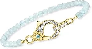 Ross-Simons 14.00 Ct. T.W. Aquamarine Bead And .11 Ct. T.W. Diamond Lobster Clasp Bracelet With Single Swiss Blue Topaz In 18kt Gold Over Sterling