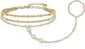 Cicy Bell Hand Chain 18k Gold Plated Bracelet For Women Trendy Teardrop Cubic Zirconia Adjustable Finger Ring Slave Dainty Bracelets Jewelry Gifts