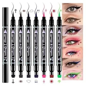 7pcs Colored Liquid Eyeliners With Face Stamps – Black Brown Purple Blue Red Pink Green Star Flower Heart Moon Triangle Stamps For Cosplay & Gothic Makeup – Beginner-Friendly (Multicolor-7pcs-set02)