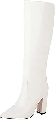 Womens Chunky High Heel Knee Boots - Fashion Pointed Toe Leather Thick Heel High Boots 2021 Fall Trendy Riding Boots Square Heel Casual Shoes