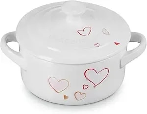 Le Creuset Mon Coeur Collection Stoneware Classic Round Mini Cocotte, 8 Oz., White With Hearts