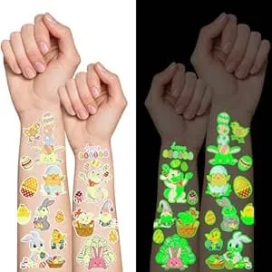 Greingways 110 Styles Easter Tattoos Party Favors For Kids, Luminous Temporary Tattoos Stickers, Egg Decorating Fillers Easter Goodie Bag Basket Stuffers Gifts For Girls Boys Kids Teens