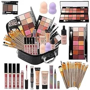 Mtdxiltai All In One Makeup Kit For Makeup Storage Bag 2x14 Colors Eyeshadow Palette Liquid Foundation Eyeliner Pencils Contouring Stick Lip Gloss 20pcs Make Up Brushes For Women Girls Teens (Black)
