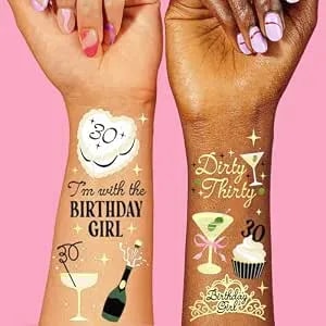 Xo, Fetti 30th Birthday Temporary Tattoos - 50 Gold Foil Pcs - Birthday Cocktail Accessory, Dirty Thirty Olive Party Favor, Cute Rip To My 20s Bday Activity