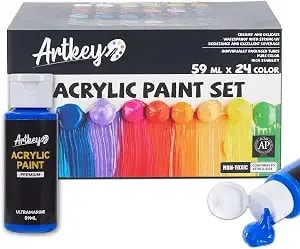Artkey Acrylic Paint Set, 24 Colors 2 Oz/59 Ml Acrylic Paint Kit For Professional Artists & Beginners – Craft & Art Supplies For Canvas, Wood, Fabric, Rock, Leather, Ceramic, Glass, Easter Egg