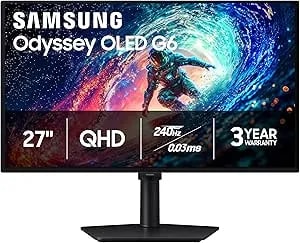 Samsung 27" Odyssey Oled g6 (g61sh) Gaming Monitor - Qd-Oled, Qhd (1440p), 240hz, 0.03ms, Glare-Free, Pantone Validated, hdr10, Height-Adjustable Stand, Oled Safeguard, 3 Year Warranty, ls27hg612snxza