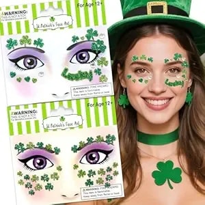 St. Patrick'S Day Face Temporary Tattoo Sticker Set Glitter Shamrock Face Sticker Decal 2 Pack Four-Leaf Clover Face Gems Jewelry For Makeup St. Patrick'S Day Parade Decoration