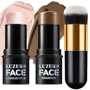 2pcs Contour Stick With Brush Set, Highlighter And Bronzer Face Stick For Face Shaping, Long Lasting Waterproof Silky Cream Contouring Stick For Sculpt The Face, Non-Greasy Formula (#2、#6, Brush)