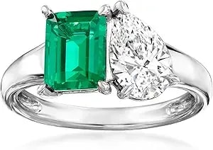 Ross-Simons 1.70 Carat Simulated Emerald And 1.00 Carat Cz Toi Et Moi Ring In Sterling Silver