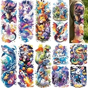Aresvns 12 Sheets Cute Cartoon Full Arm Temporary Tattoo Sleeves For Kids - Animals Dinosaur Fake Tattoo Stickers For Boys Girls, Waterproof, Birthday Party Favors Supplies Decorations Rewards Gifts