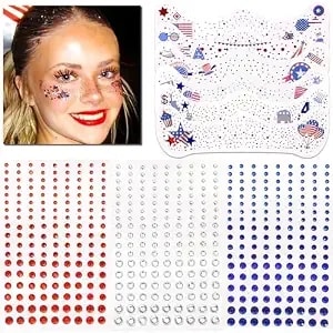Rodaky Blue Red Face Gems 4th Of July Temporary Tattoos Sticker Mixed Size Rhinestones Gems Sparkle Patches For Festival Make Up Women Girls