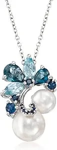 Ross-Simons 7-9.5mm Cultured Pearl And 1.90 Ct. T.W. Multi-Gemstone Pendant Necklace In Sterling Silver