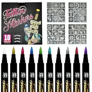 10 Colors Metallic Body Paint Markers With 4 Temporary Tattoo Stencils, Waterproof & Sweatproof Temporary Tattoo Markers Quick-Dry Face Paint Pens For Halloween, Cosplay, Parties, Sports Events