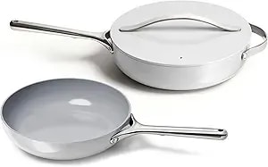 Caraway Fry Pan And Sauté Pan Duo - 10.5” Ceramic Frying Pan And 12” Deep Sauté Pan With Lid - Non Stick, Non Toxic, Oven Safe - Gray