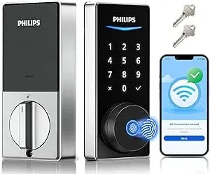 Philips Built-In Wifi Smart Lock, Keyless Entry Door Lock With App, Touchscreen Fingerprint Door Lock, Compatible With Alexa & Google, Splash-Proof, Includes 8 Batteries, Nickel