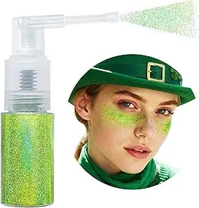 Golden Green Face Hair Body Glitter Spray St Patricks Day Accessories, Dry Powder Makeup, Shamrock Green Ultra Fine Glitter Highlighter For Rave Mardi Gras Easter