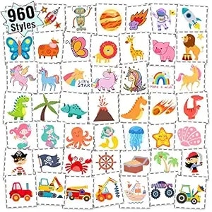 Partywind Temporary Tattoos For Kids Bulk - 960 Pcs, 20 Individually Wrapped Sheets, Birthday Party Supplies Favors, Halloween Treat, Christmas Games