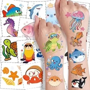 108 Pcs Ocean Animal Temporary Tattoos For Kids - Pre-Cut Waterproof Cute Sea Creature Body & Face Tattoos For Boys & Girls, Summer Beach Party Favors & Under The Sea Birthday