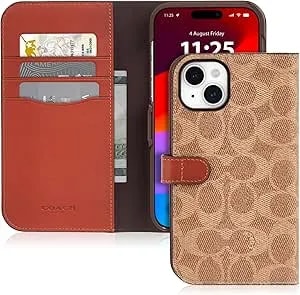 Coach Signature Canvas Two Piece Detachable Wallet Folio Iphone 15 Plus Case, Compatible With Wireless Charging - Signature Tan