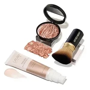 Laura Geller New York Ready-N-Radiant Kit (3 Pc) - Baked Bronze-N-Brighten, Medium + Spackle Super-Size Skin Perfecting Primer, Champagne Glow + Retractable Angled Kabuki Brush