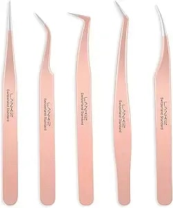 Lankiz Eyelash Extension Tweezers Set 5 Pcs For Eyelash Extensions Stainless Steel Lash Tweezers For Volume Lash Extensions-Rose Gold Pinzas Para Pestaas Pelo A Pelo