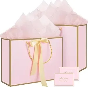 Woric Pink Gift Bags With Handles, 14" Medium Gift Bags With Tissue Paper - 2 Pcs Pink Bags, 4 Tissue Paper And 2 Cards, For Baby Shower, Wedding Bridal Shower, Birthday Party