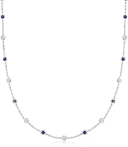 Ross-Simons 2.30 Ct. T.W. Cz And 2.00 Ct. T.W. Simulated Sapphire Station Necklace In Sterling Silver