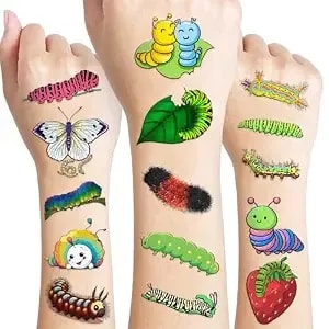 114 Pcs Funny Caterpillar Temporary Tattoos Sticker Butterfly Bug Caterpillar Birthday Party Decorations Supplies Favors Gifts Girls Boys Baby Showers Prizes Cute Tattoo School Reward Themed