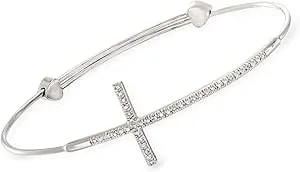 Ross-Simons Diamond Sideways Cross Bangle Bracelet In Sterling Silver