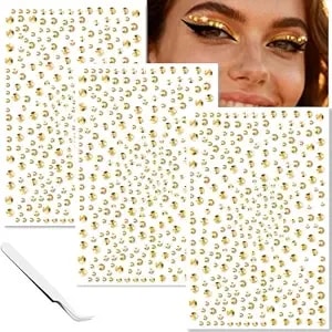 Gold Face Gems Self-Adhesive Hair Jewels, Shimmer Eye Gems For Makeup, Festival Stick On Gems Rhinestones Stickers For Women Girls, Gold Body Glitter Concert, Rave Accessories