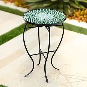 Teal Island Designs Bella Modern Black Metal Round Outdoor Accent Side Table 14" Wide Green Mosaic Tile Inlay Tabletop Gracefully Curved Legs For Patio House Home Balcony Spaces Deck Shed Yard