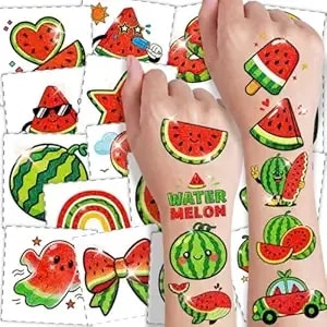 108 Pcs Watermelon Glitter Temporary Tattoos For Kids - Pre-Cut Waterproof Hawaii Luau & Summer Fruit Sticker Tattoos For Girls & Boys, Birthday Pool Party Favors & Decorations Gift Bag Fillers