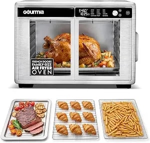 Gourmia French Door Air Fryer Oven - 37 Qt Large Capacity Convection Toaster Oven, Fryforce 360°, Digital Display, 12 Cooking Presets, Dehydrate, Fits 13” Pizza, Dishwasher-Safe, Stainless Steel