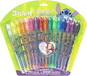 Townley Girl Disney Stitch 16 Piece Glitter Pen Body Art Set, Glittery And Bright Colors, Ages 3