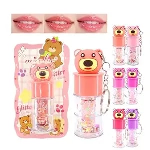 6 Pcs Hydrating Lip Gloss Set, Shimmer Glossy Moisturizing Lip Jelly Sequins And Sparkles Lip Make-Up For Women Party Gift Cute Bear Keychain Design