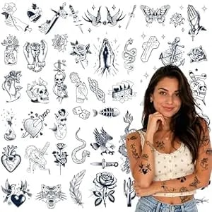 51 Pcs American Traditional Temporary Tattoos Adult, 2 Week Semi Permanent Tattoos For Women, Small Long Lasting White Trash Fake Tattoo Stickers For Black Minimalist Retro Temp Tattoos Men